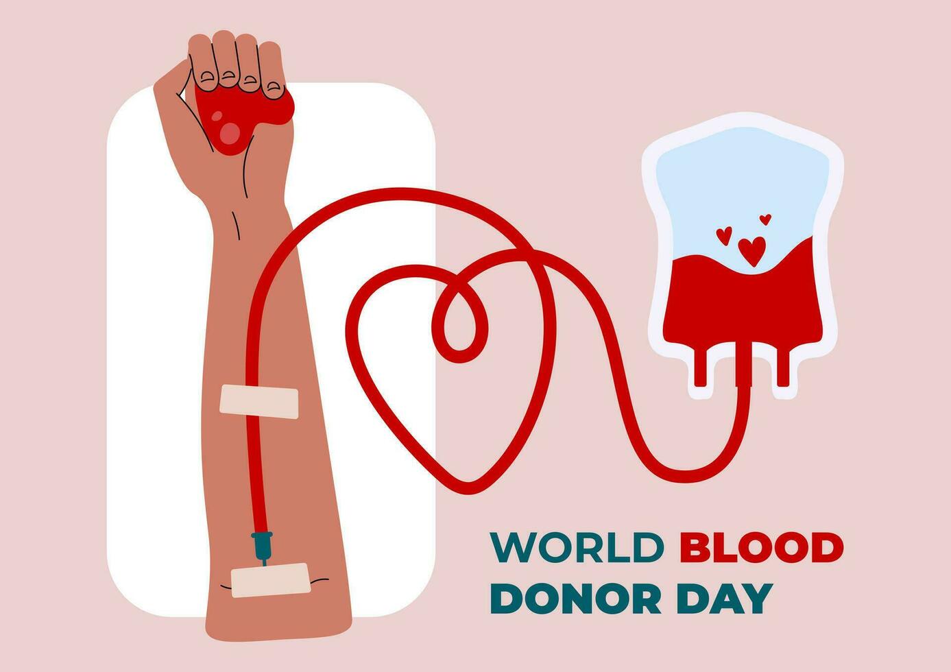 World Blood Donor Day poster. Blood bag and human hand. Give blood save life. Heart in donor's hand connected to vein. Donation, transfusion in medicine laboratory. June 14. Vector flat illustration