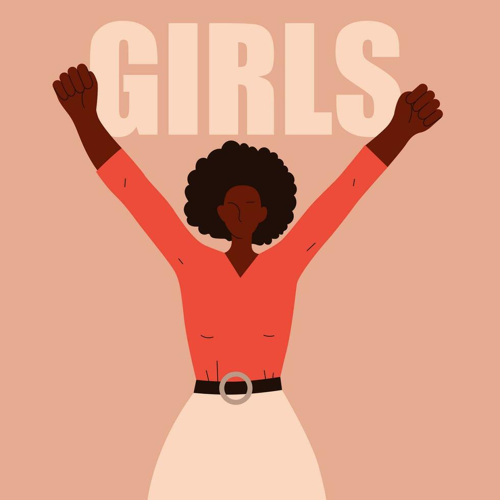 African american woman standing with her fists raised up. Girl power. International women's day. Feminist. Woman with her hands raised. Strong business woman. 8 march. Struggles for women's rights. vector