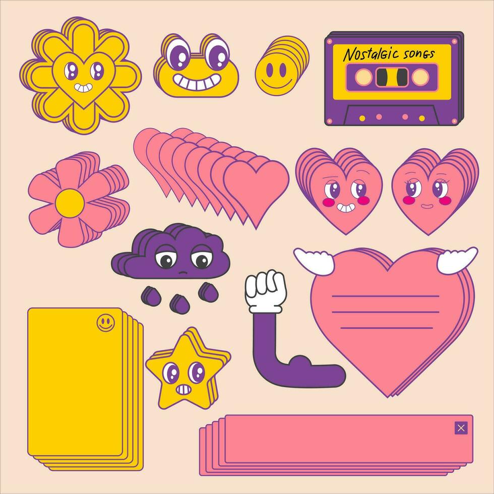 Set of groovy retro stickers. 70s, 80s, 90s cartoon style. Audio cassette tape, hearts, flowers with eyes and smile. Nostalgia collection of labels. Retro comic characters, message box. Sticker pack vector