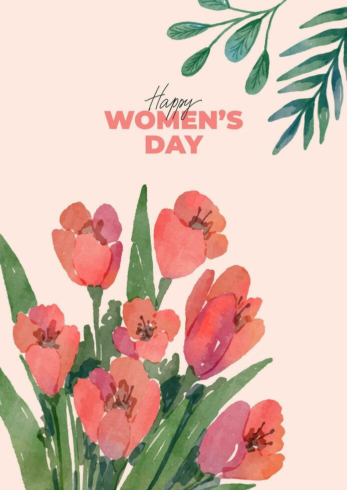 contento De las mujeres día tarjeta con acuarela ramo de flores de rojo tulipanes y hojas en beige antecedentes. vector