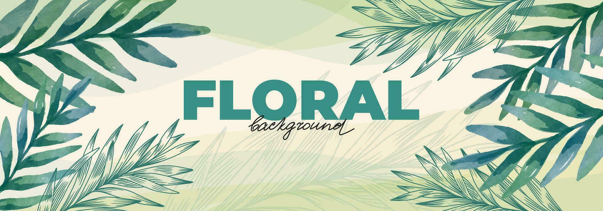 Spring background with watercolor tropical leaves for banner design. Template with fern branches, stems, palm leaf, floral linear elements vector