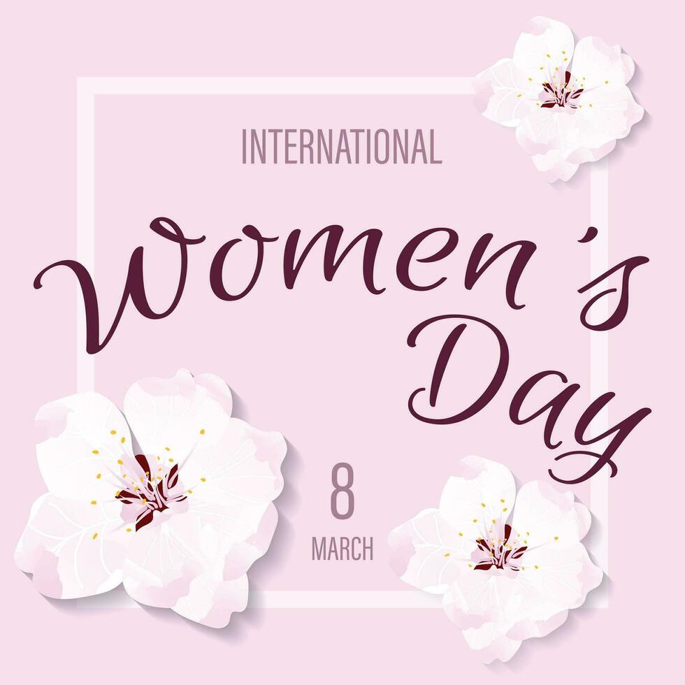 internacional De las mujeres día saludo tarjeta. póster diseño con sakura flores vector ilustración