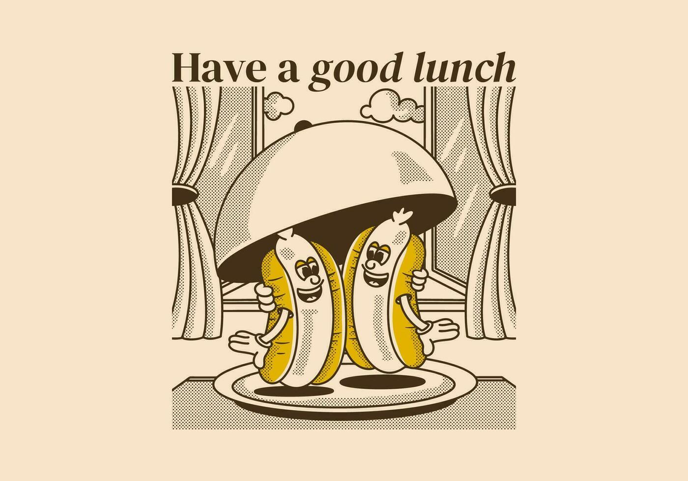 Have a good lunch. Character illustration of two hot dog on the plate vector