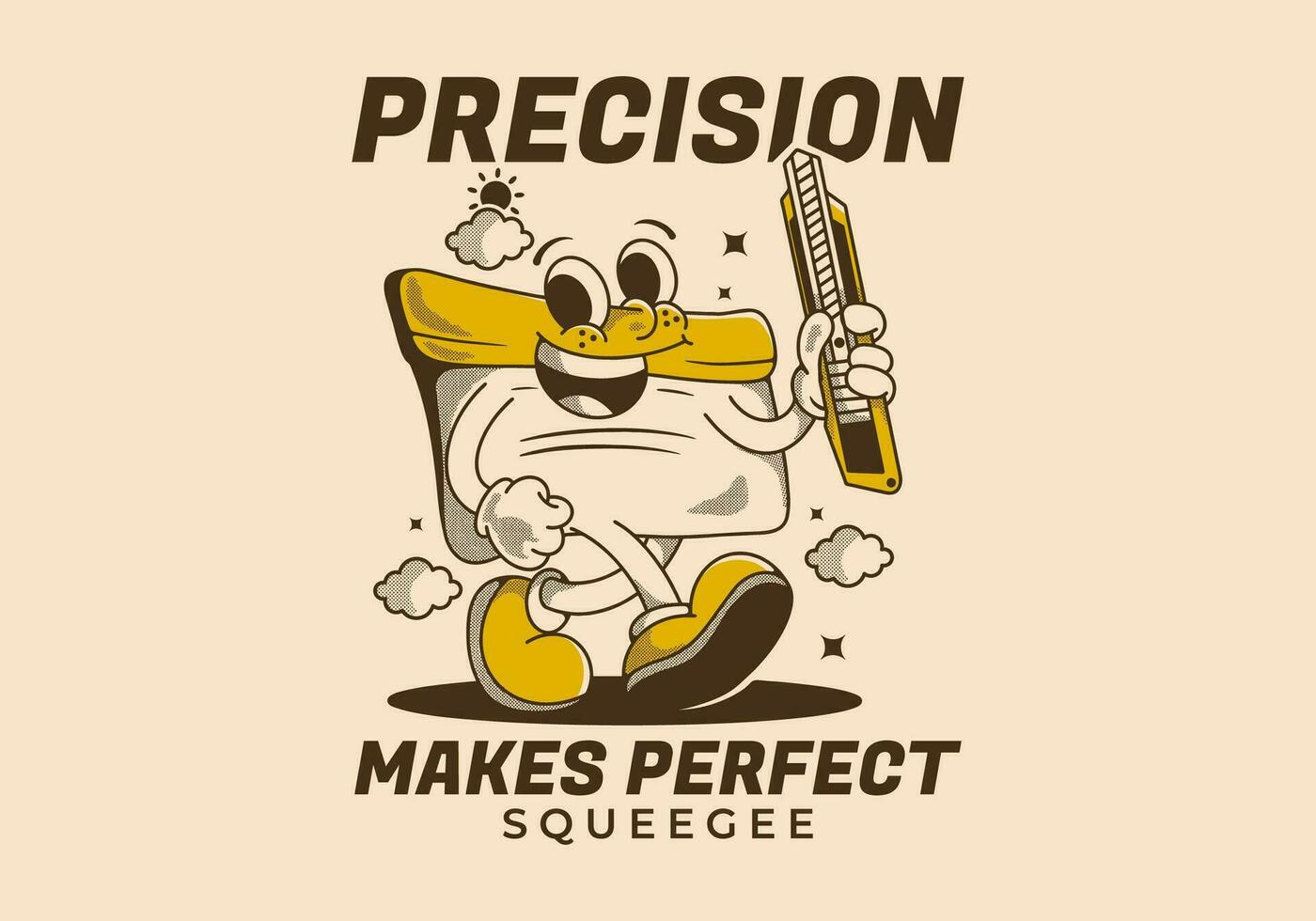 Precision makes perfect. Squeegee mascot character holding a blade, vintage style vector