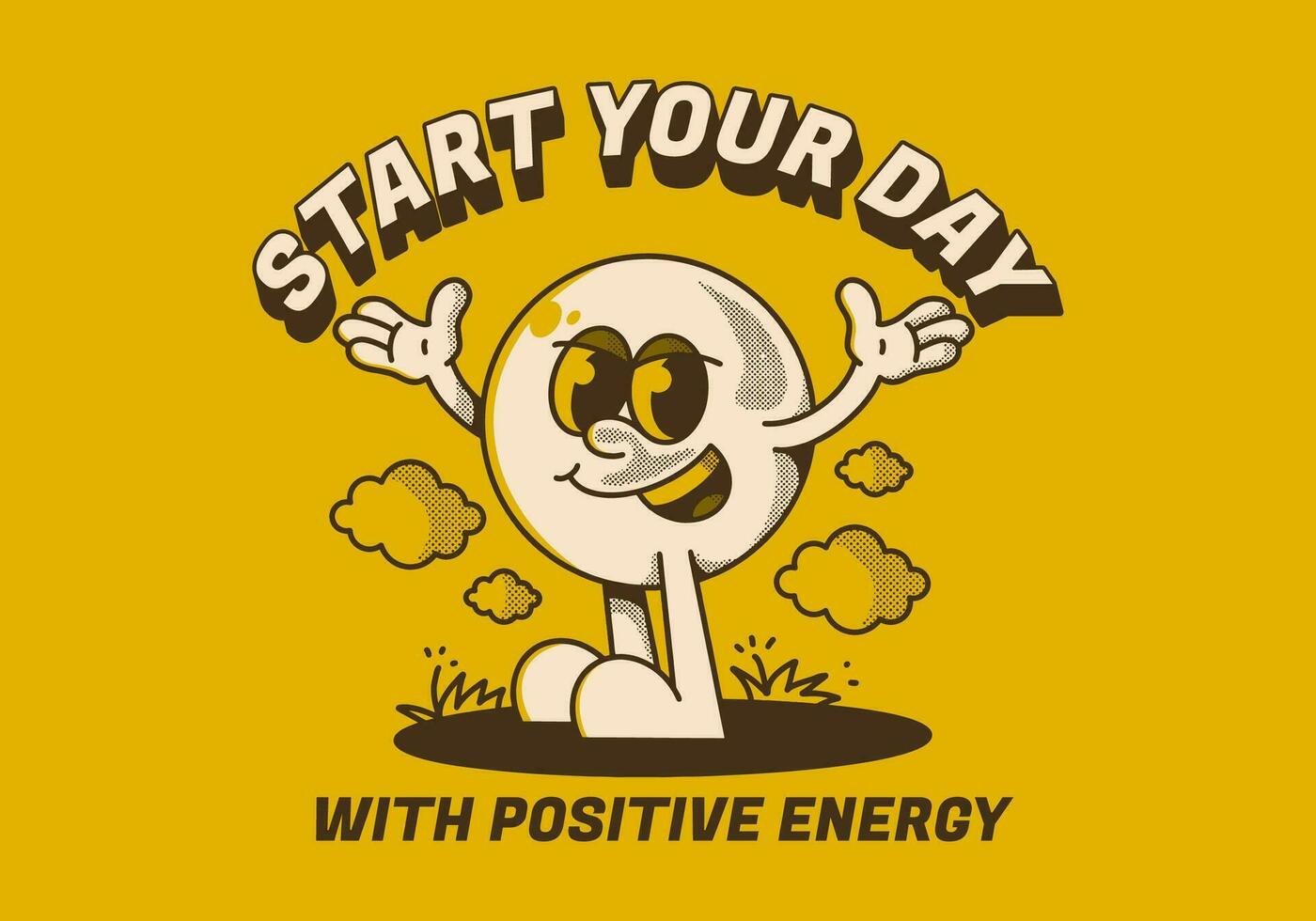 Start your day with positive energy. Ball head character with hands up and happy expression vector