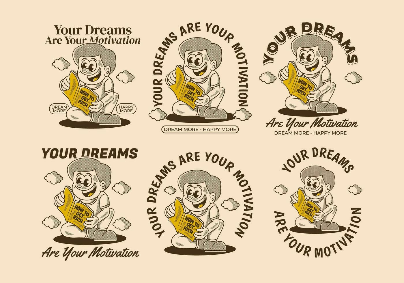 Your dream are your motivation. Vintage illustration of a boy reading a book vector