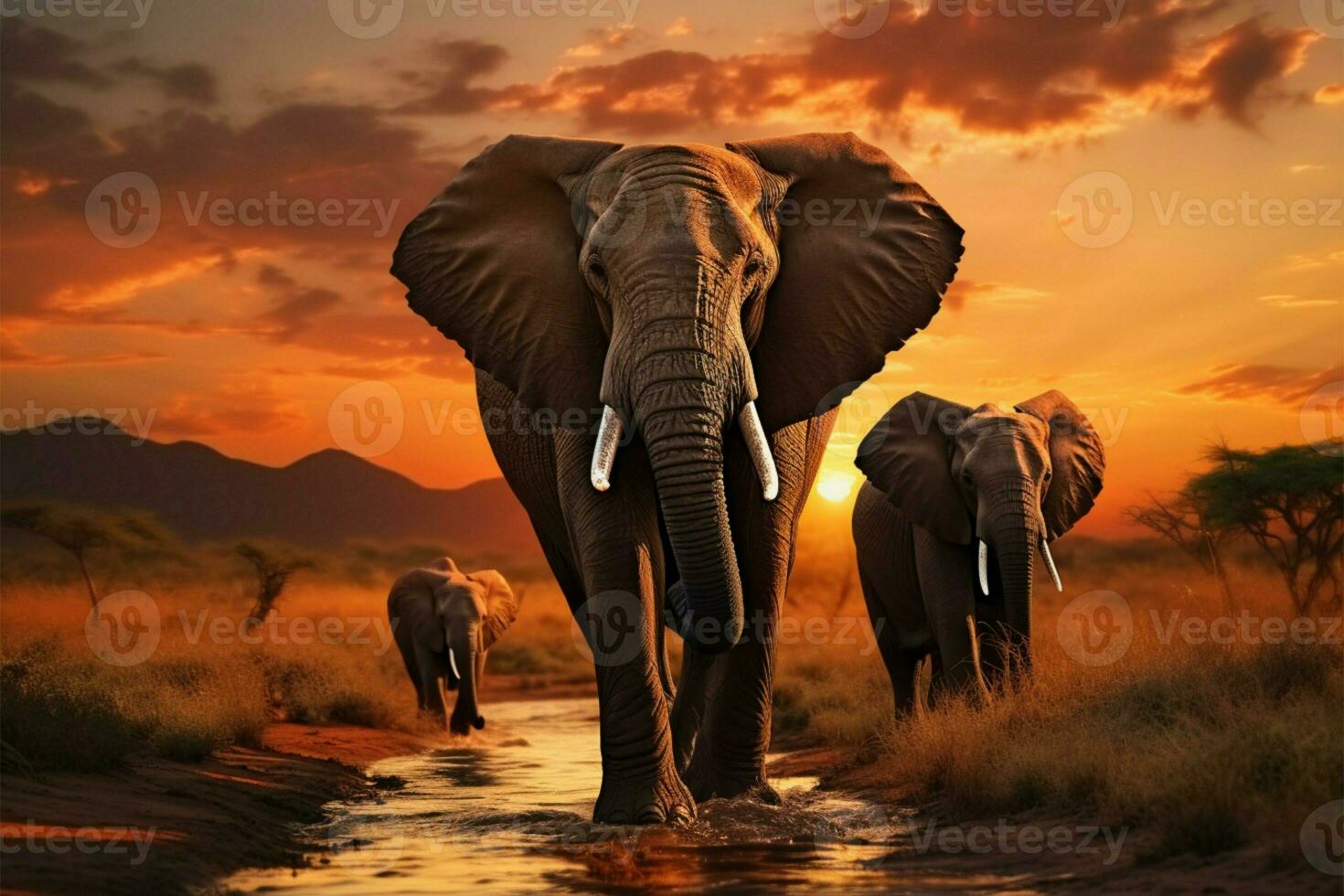 AI generated Evening shot in Kruger National Park elephants crossing the Olifant River photo