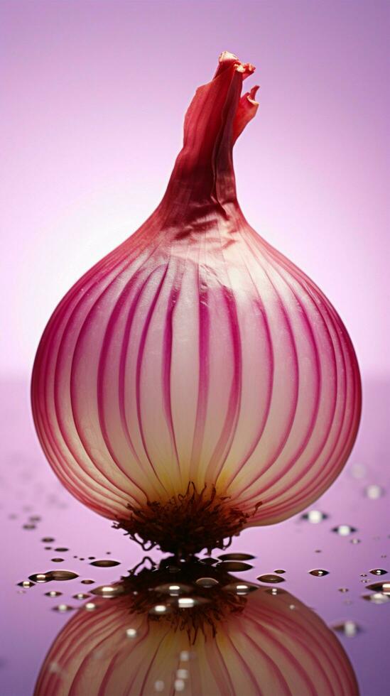 AI generated Translucent red onion layers artfully presented on a pink purple reflective surface Vertical Mobile Wallpaper photo