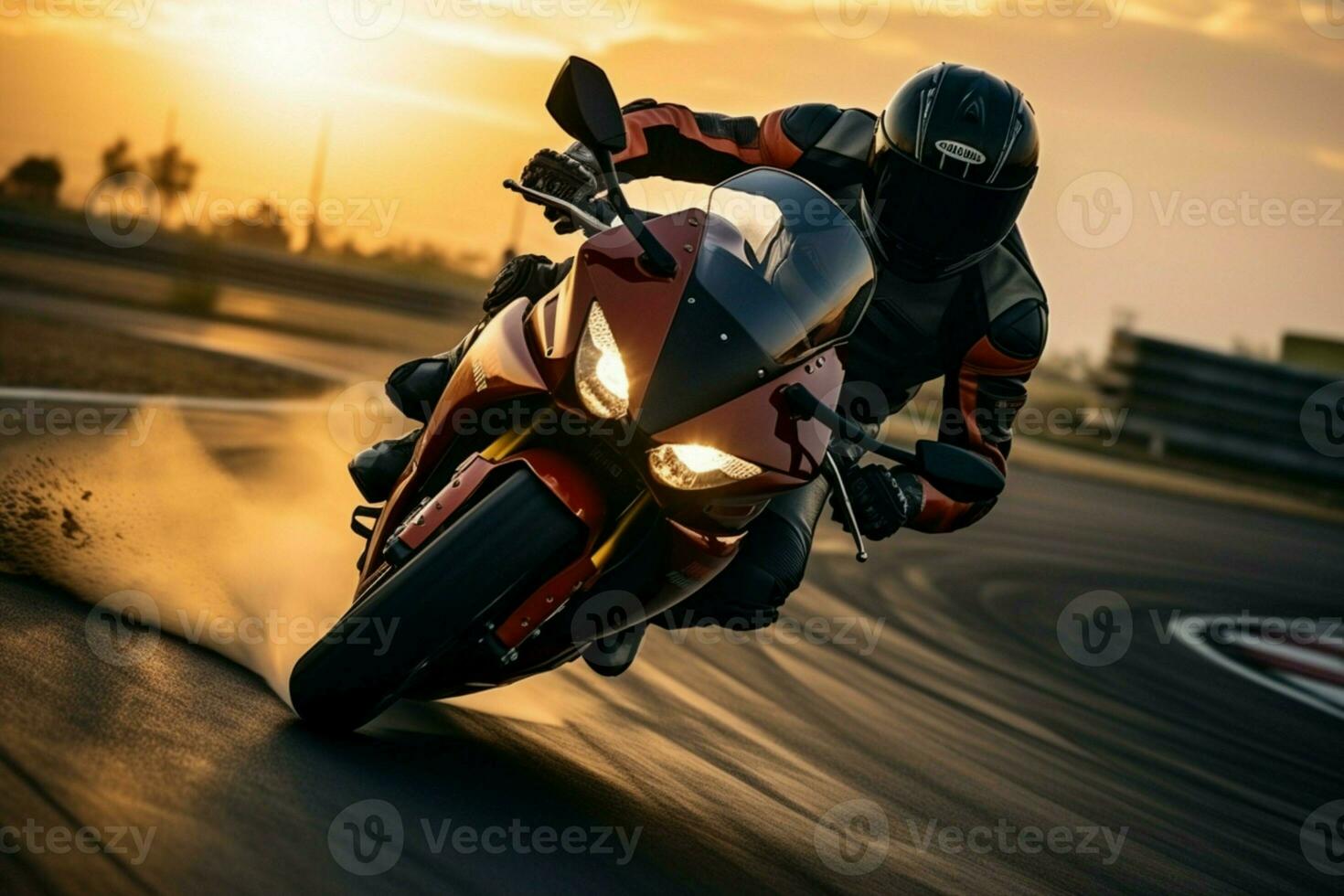 AI generated Sport motorcycles racing on a track, rider speeding at sunset photo