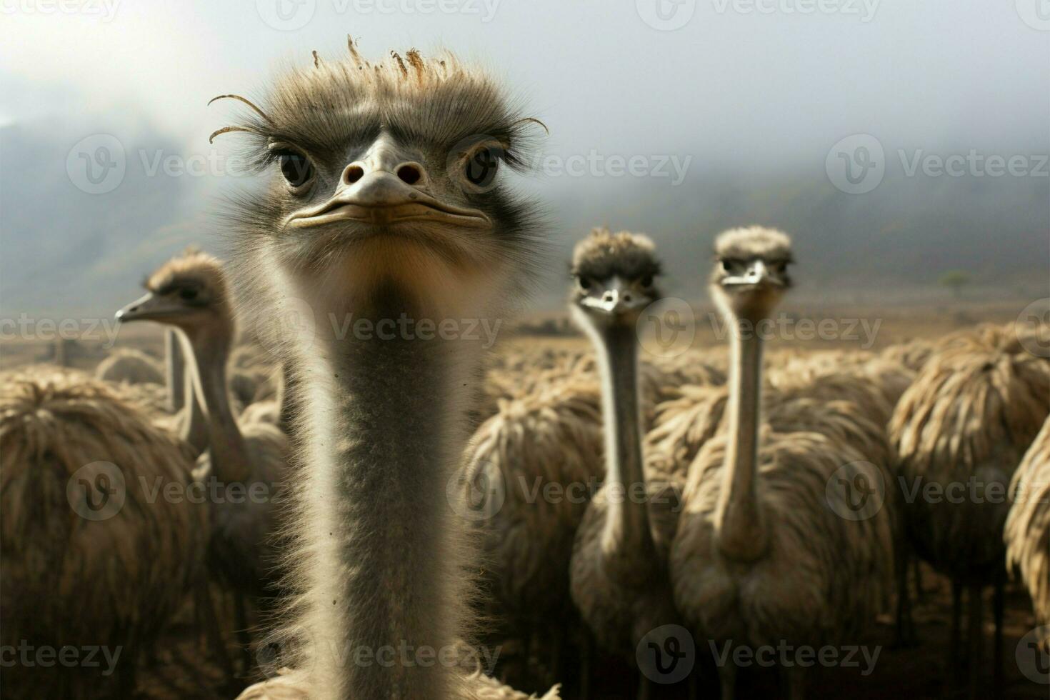 AI generated Majestic ostriches in misty farm setting, under soft cloud cover photo