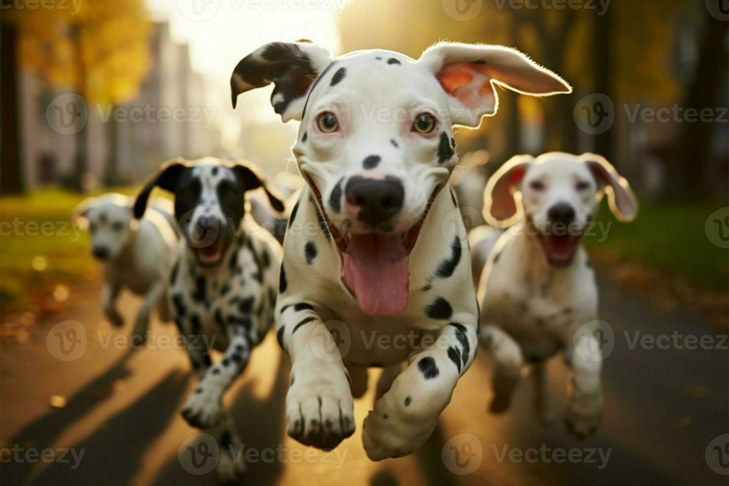 AI generated Image Cute and funny Dalmatian dogs group running and playing outdoors photo