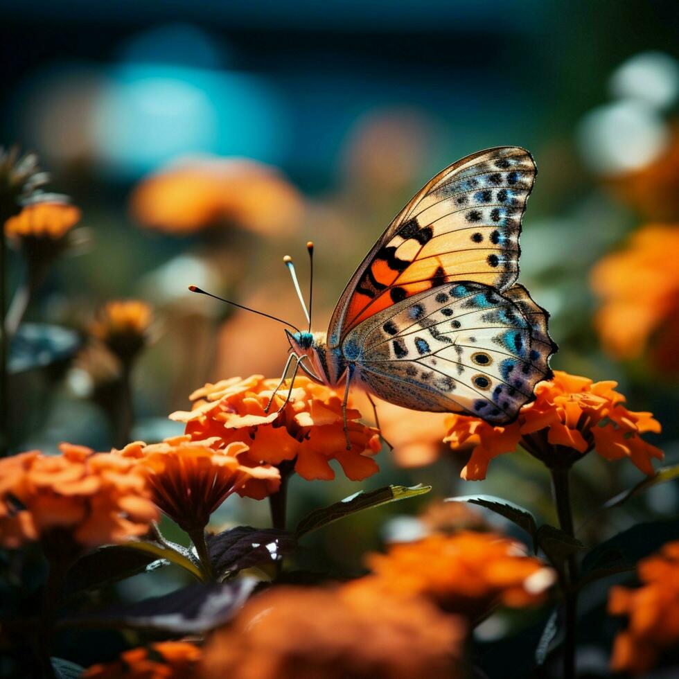 AI generated Butterfly on orange flower in the garden, surrounded by nature For Social Media Post Size photo