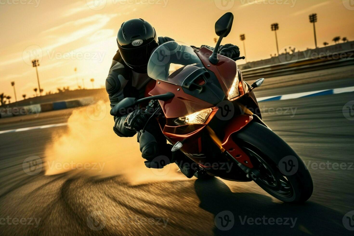 AI generated Extreme athlete on a sport bike races fast at sunset photo