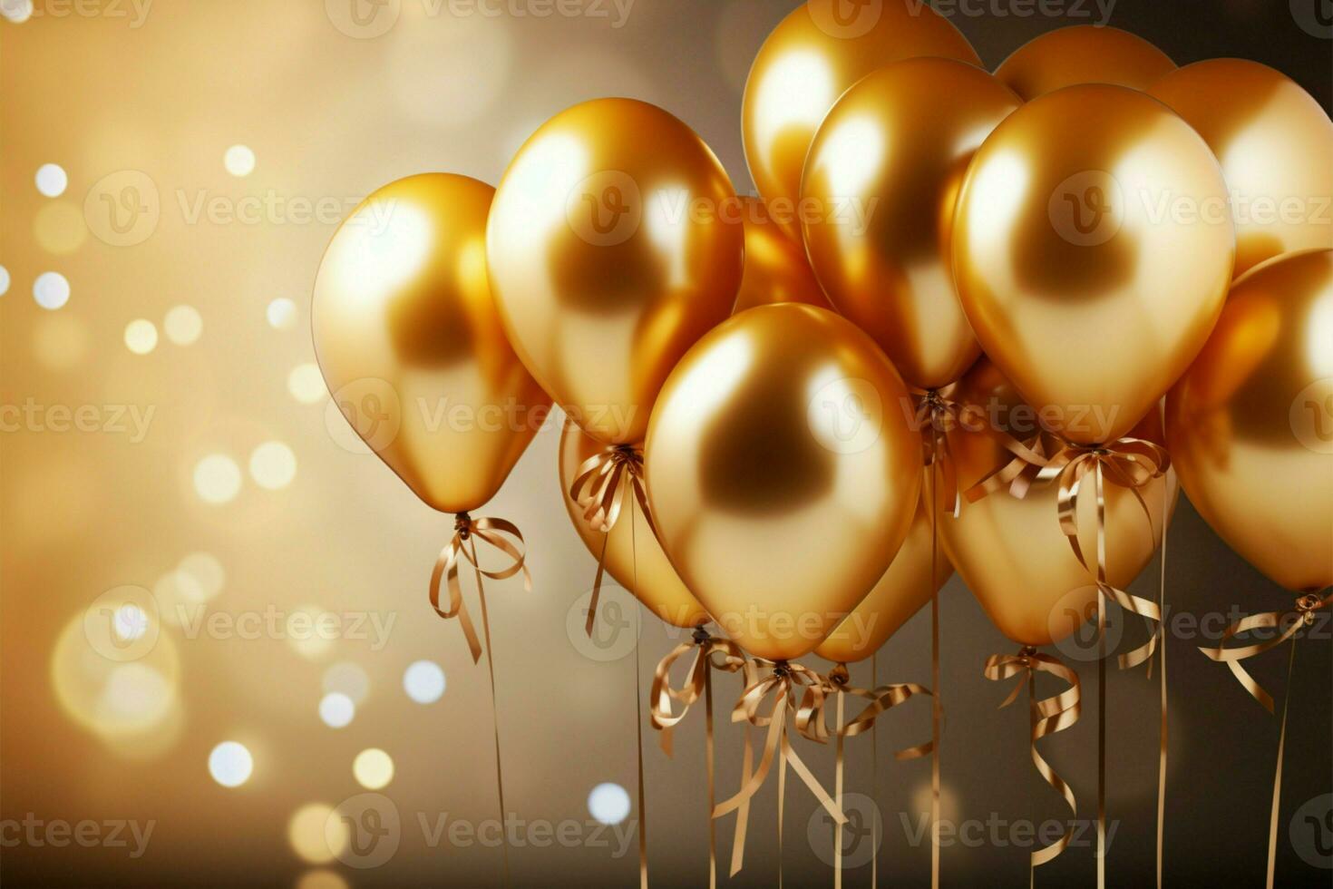 AI generated Image Celebratory scene bunch of golden balloons with ribbons, 3Drendering photo