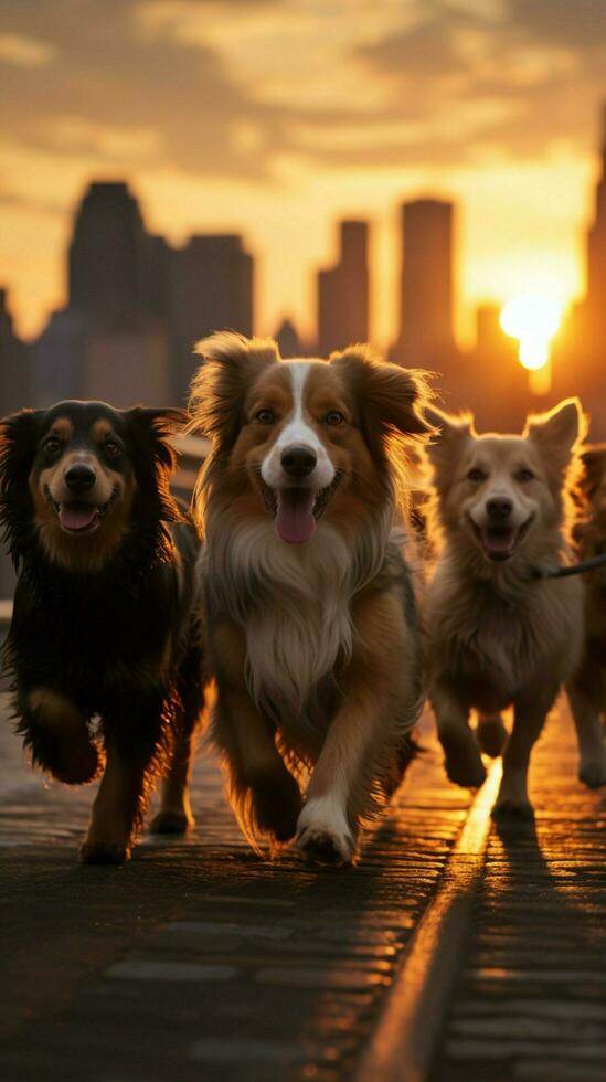 AI generated Group of dogs enjoys a sunset stroll in New York City Vertical Mobile Wallpaper photo