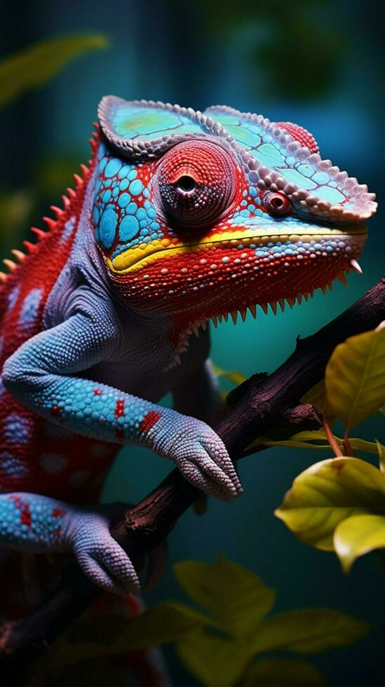 ai generado vistoso camaleón cambiando sus colores, cerca arriba en el rama vertical móvil fondo de pantalla foto