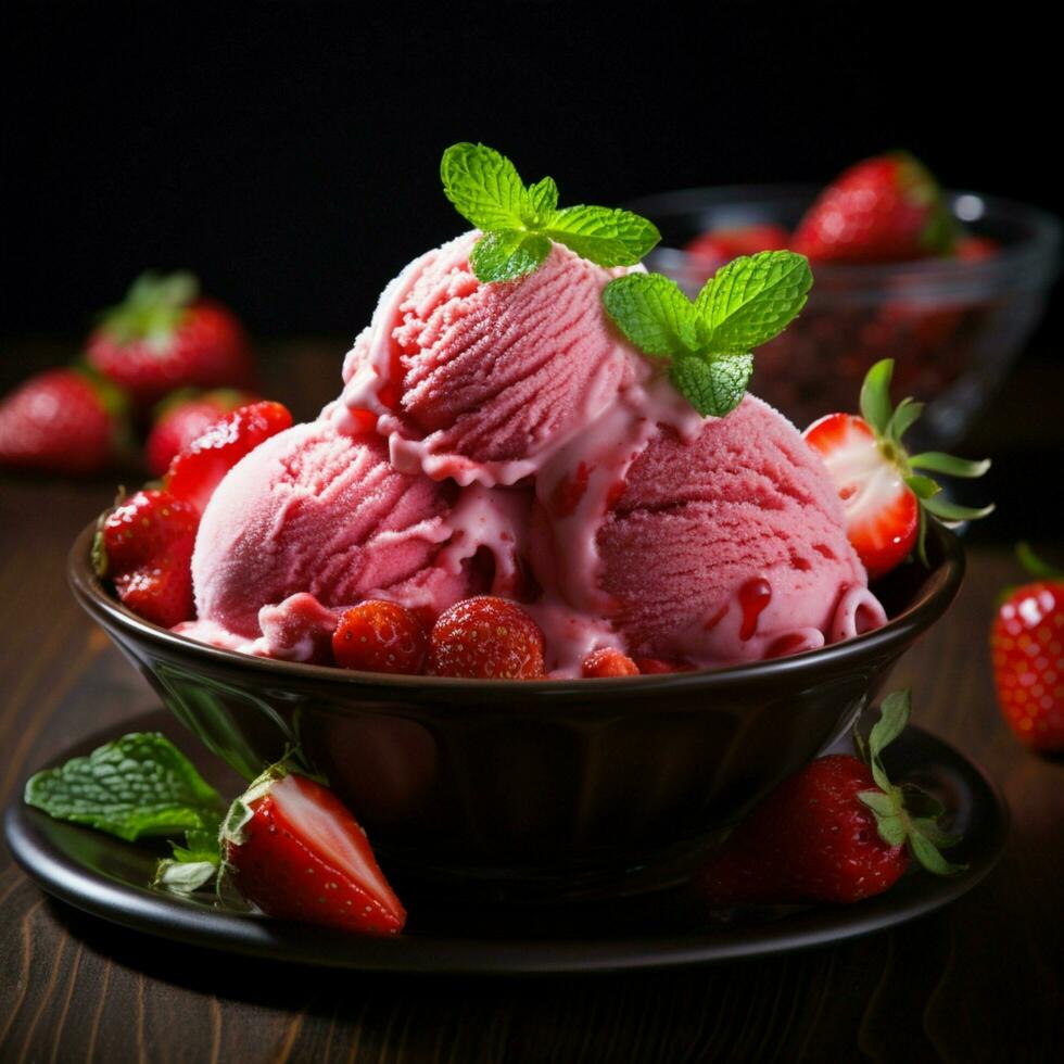 AI generated Image fresh strawberries Delicious strawberry ice cream in a bowl For Social Media Post Size photo