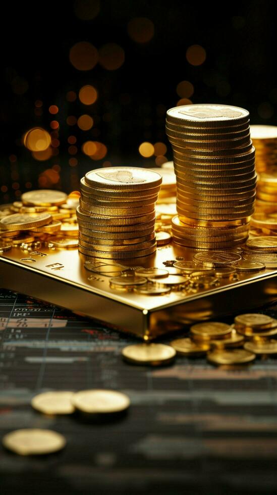 AI generated Gold bullion against stock market charts, a business wealth concept Vertical Mobile Wallpaper photo