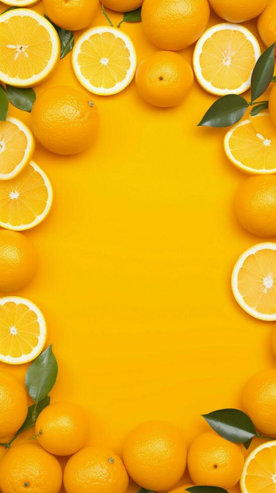 AI generated Citrus allure Fresh orange, yellow background, a canvas with space Vertical Mobile Wallpaper photo
