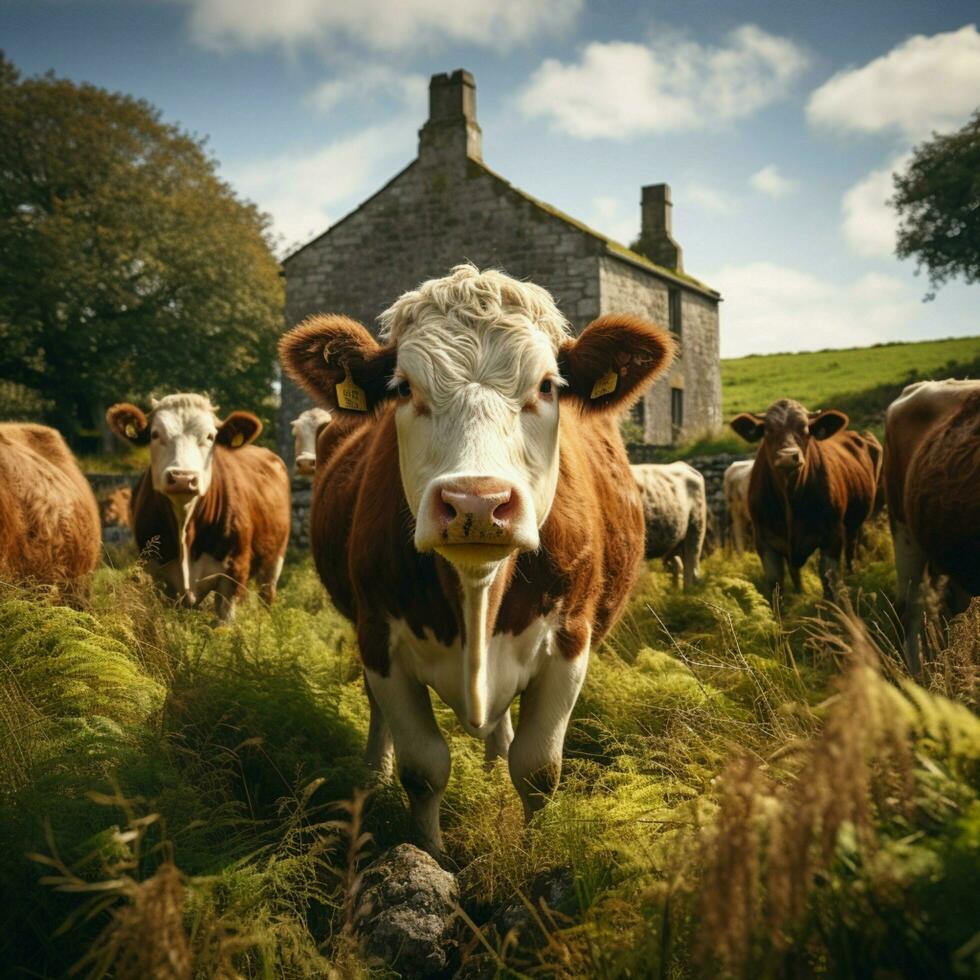 ai generado irlanda encanto manada de vacas posando en frente de casa de Campo para social medios de comunicación enviar Talla foto