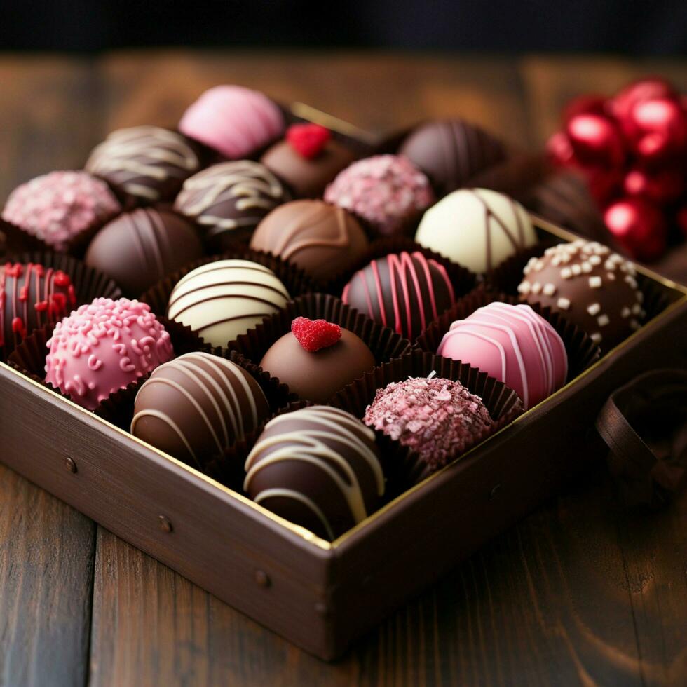 AI generated Assorted Valentines Day chocolates in a closeup view on wood For Social Media Post Size photo
