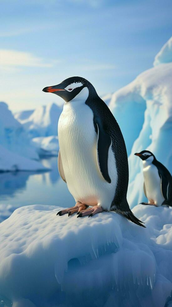 AI generated Antarctic scene Gentoo and Chinstrap penguins on an iceberg Vertical Mobile Wallpaper photo