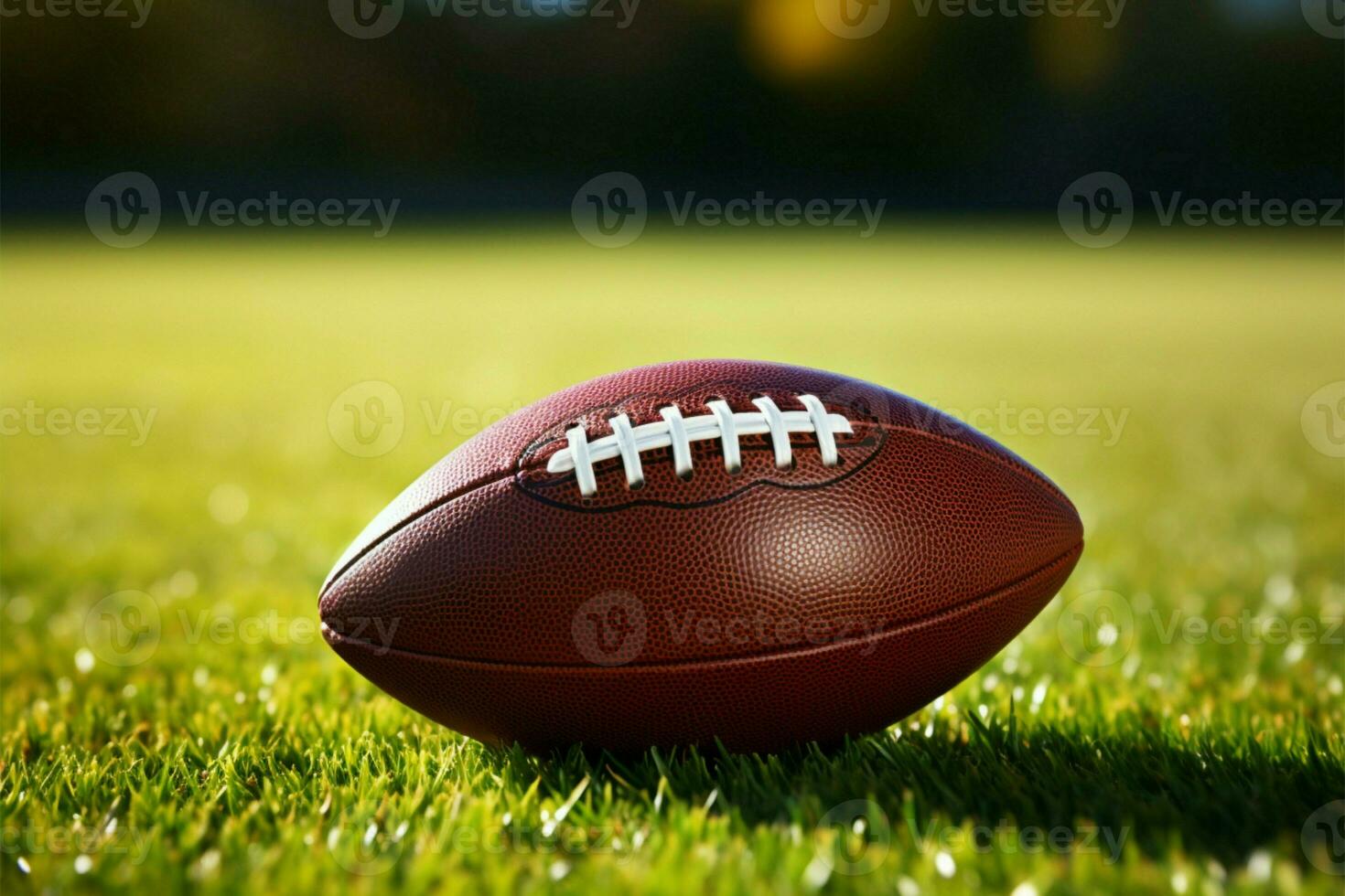 AI generated Detailed view American football on lush green grass, copy space photo