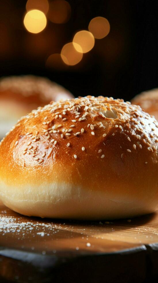 AI generated Freshly baked bread with sesame seeds, showcasing doughy and softness Vertical Mobile Wallpaper photo