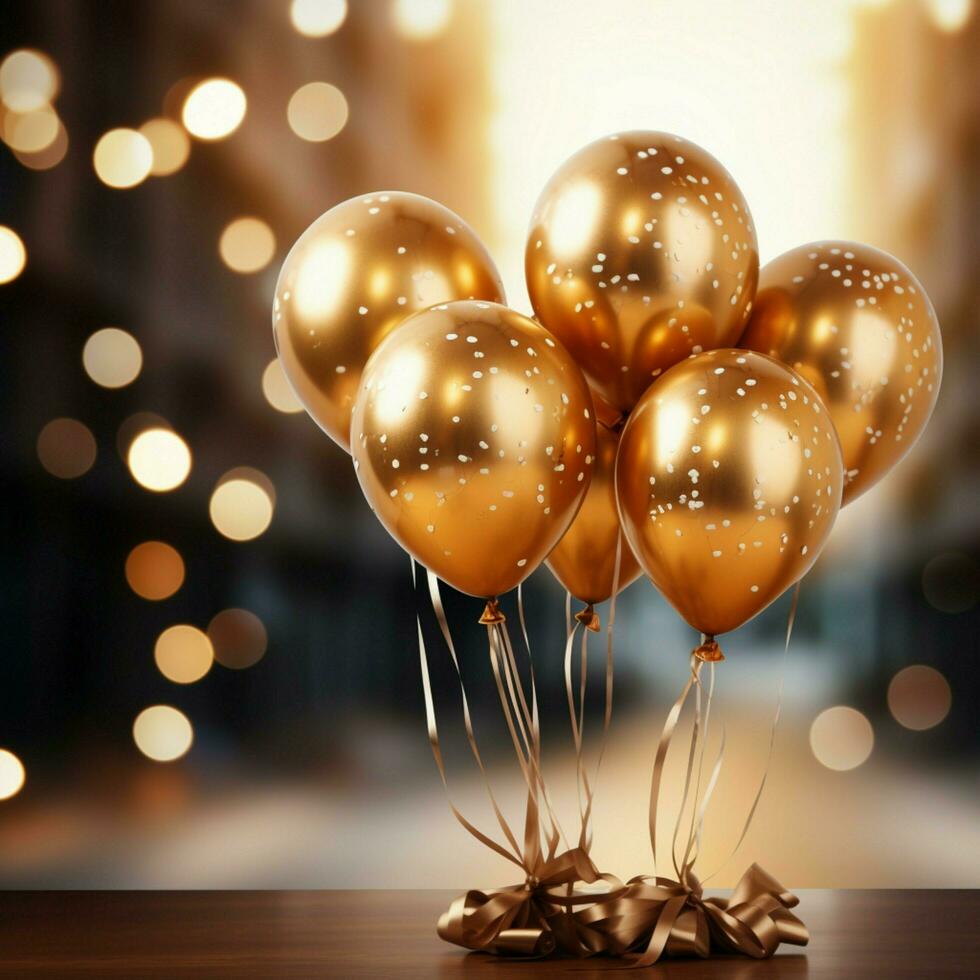 AI generated Bunch of golden balloons with ribbons on bokeh background For Social Media Post Size photo