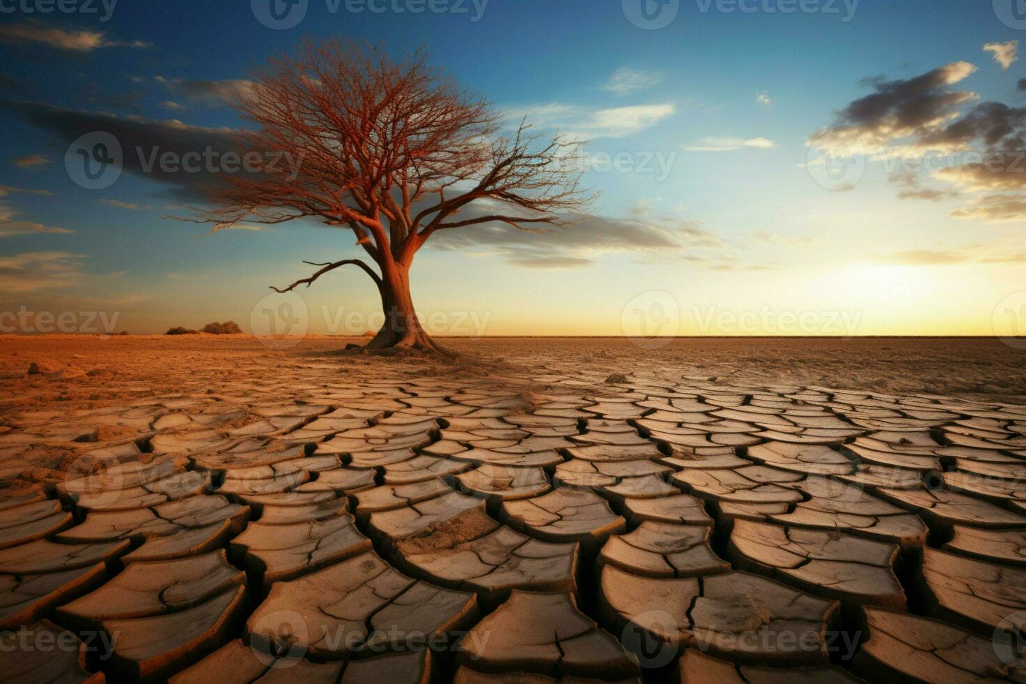 ai generado Desierto Resiliencia solitario árbol valientemente soportes en el agrietado extensión foto