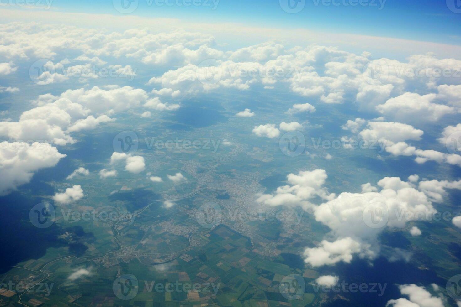 AI generated Aerial photo clouds above, green fields beneath, through plane window