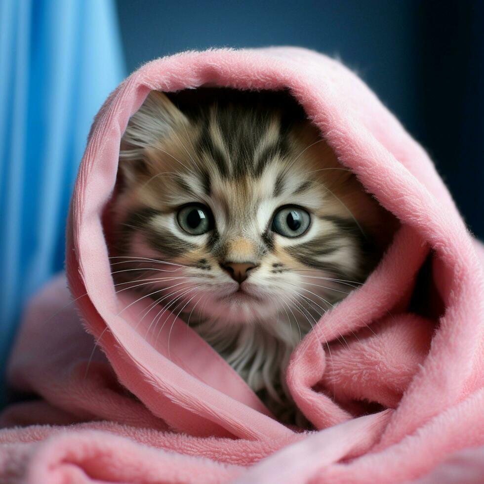 ai generado linda gatito enviar baño, envuelto en un rosado toalla, azul ojos para social medios de comunicación enviar Talla foto