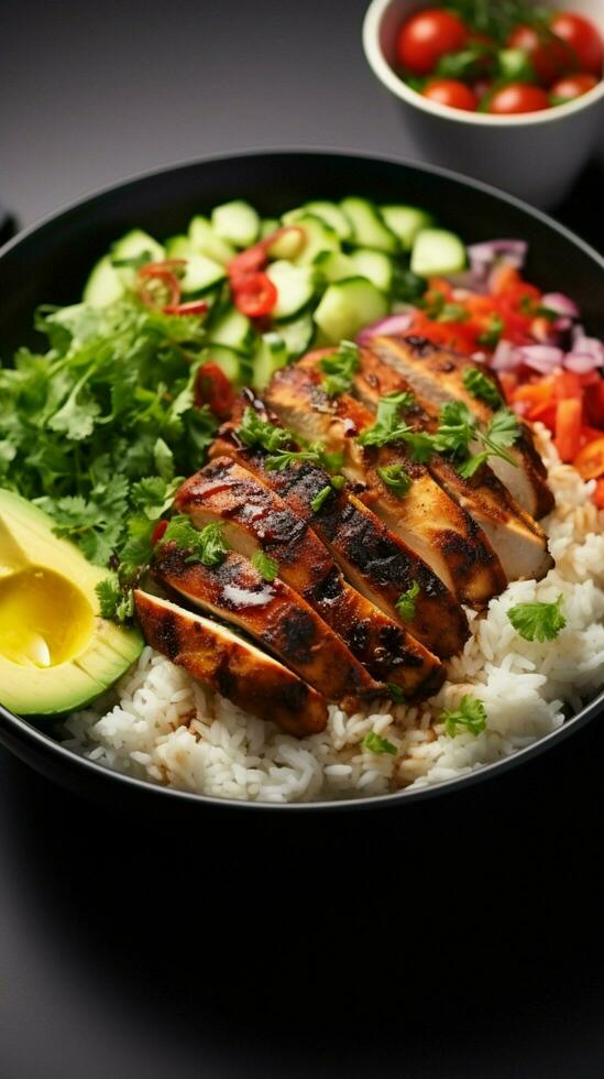 AI generated Grilled chicken with rice and fresh vegetable salad in white bowl Vertical Mobile Wallpaper photo
