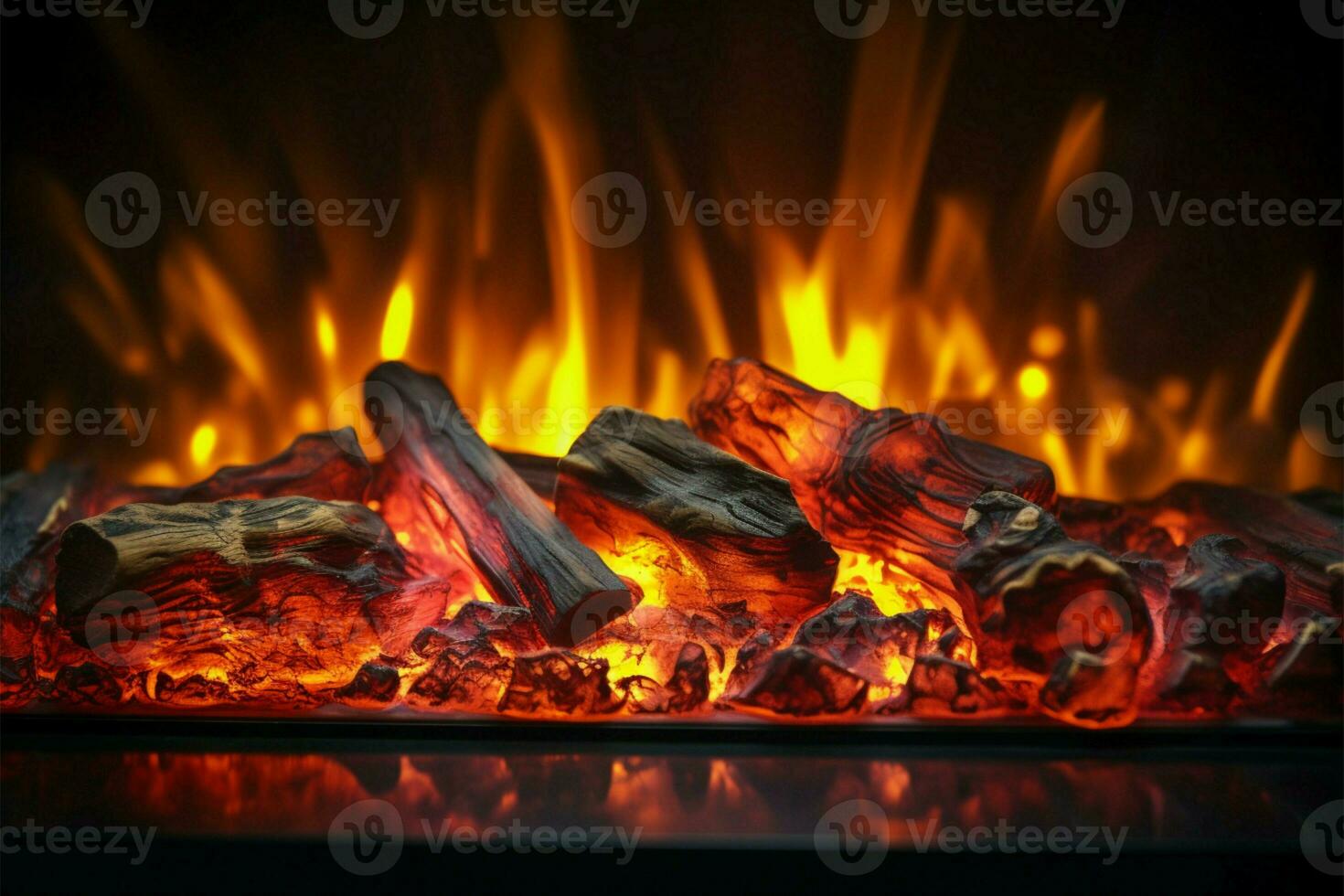 AI generated Captivating glow electronic fireplaces close up, flickering orange yellow flames photo