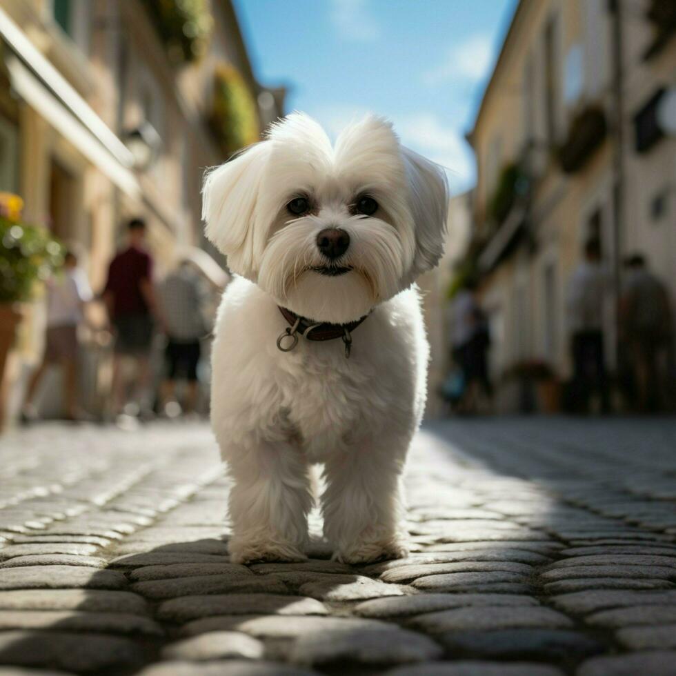 AI generated dog Cute Maltese standing gracefully on a charming cobblestone street For Social Media Post Size photo