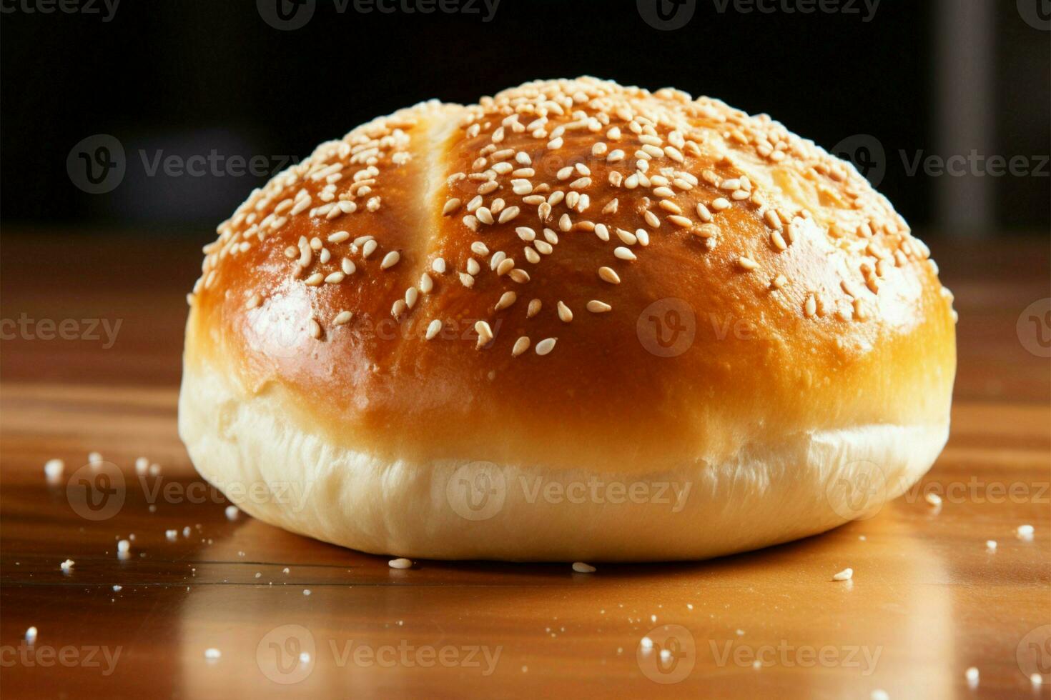 AI generated Doughy and soft texture freshly baked bun with sesame seeds photo