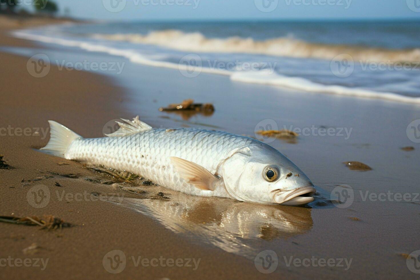 AI generated Coastal scene dead fish on the beach with sea waves photo