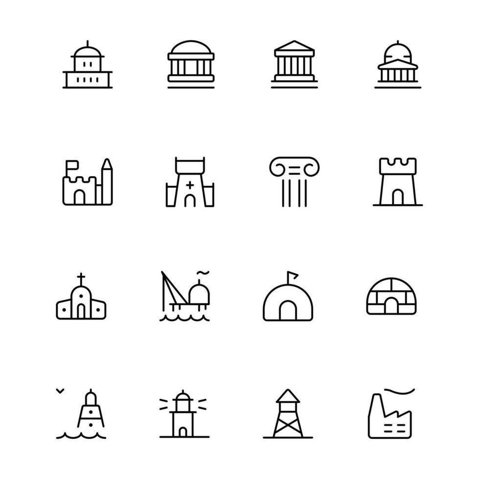 Historical building icon. Ancient Greek columns. architecture pillars. Roman antique decoration. Art sculptures. Ornate classic pedestals. Antiquity logo. Vector tidy building isolated elements set