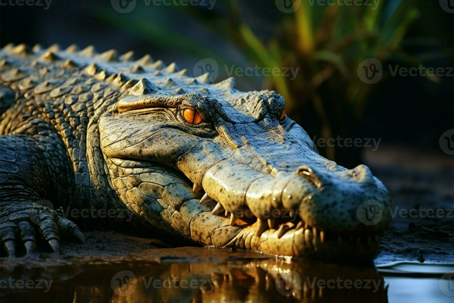 AI generated Crocodile, Crocodylus niloticus, sunbathing on the tranquil riverbank landscape photo