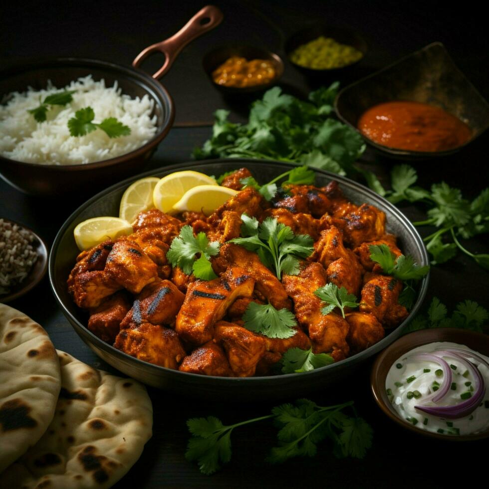 ai generado indio culinario deleite pollo tikka condimento, basmati arroz, aperitivos para social medios de comunicación enviar Talla foto