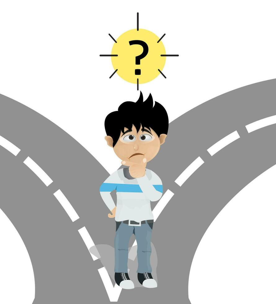 young boy standing at split road with question mark above his head vector