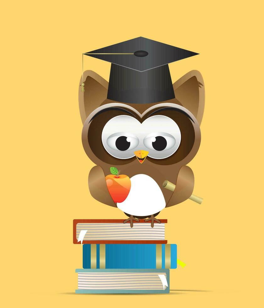 owl with graduation hat holding apple stand above the book vector