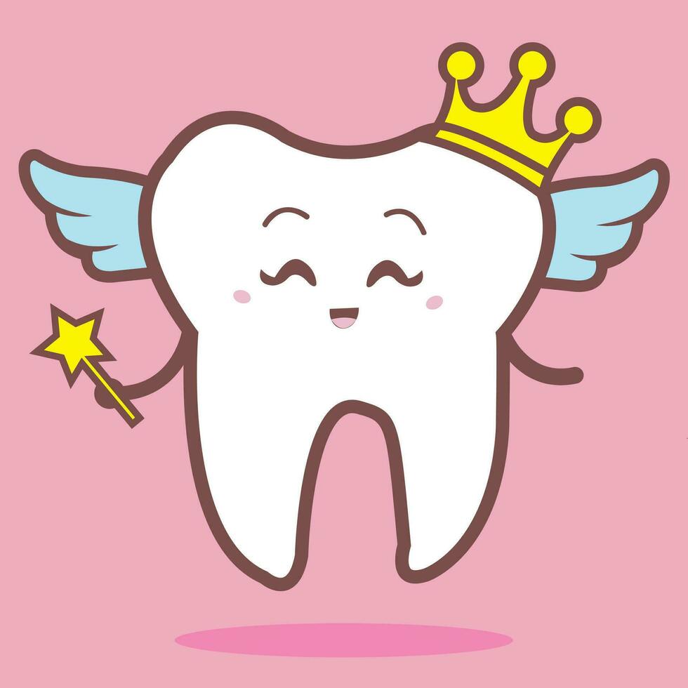 Cute angelic smiling tooth with wings, healthy and happy tooth dressed as a fairy, dentist vector illustration