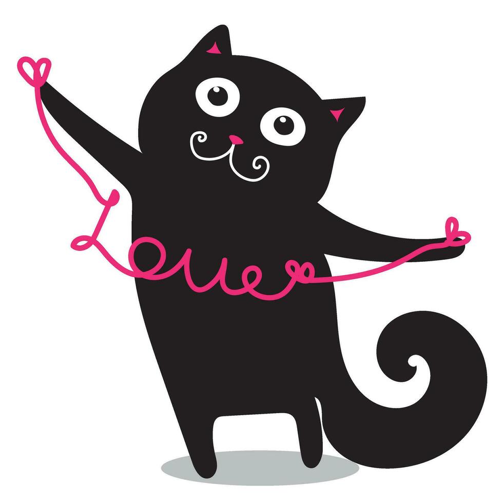 negro gatito con el frase amor en su manos. linda negro gato. San Valentín día saludo tarjeta. amor y amistad vector