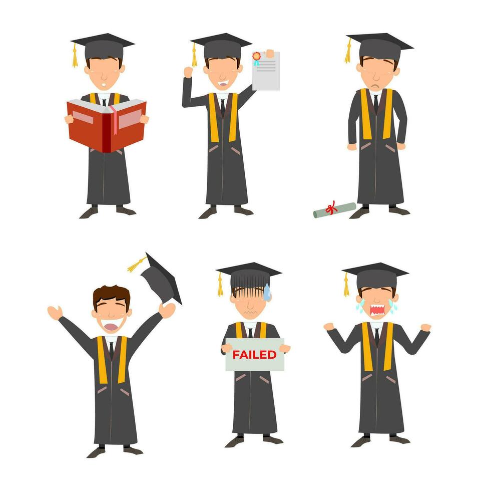 Degree Unleashed - Cartoon Vector Series Depicting a Confident Man in Graduation Attire, Striking Poses of Accomplishment