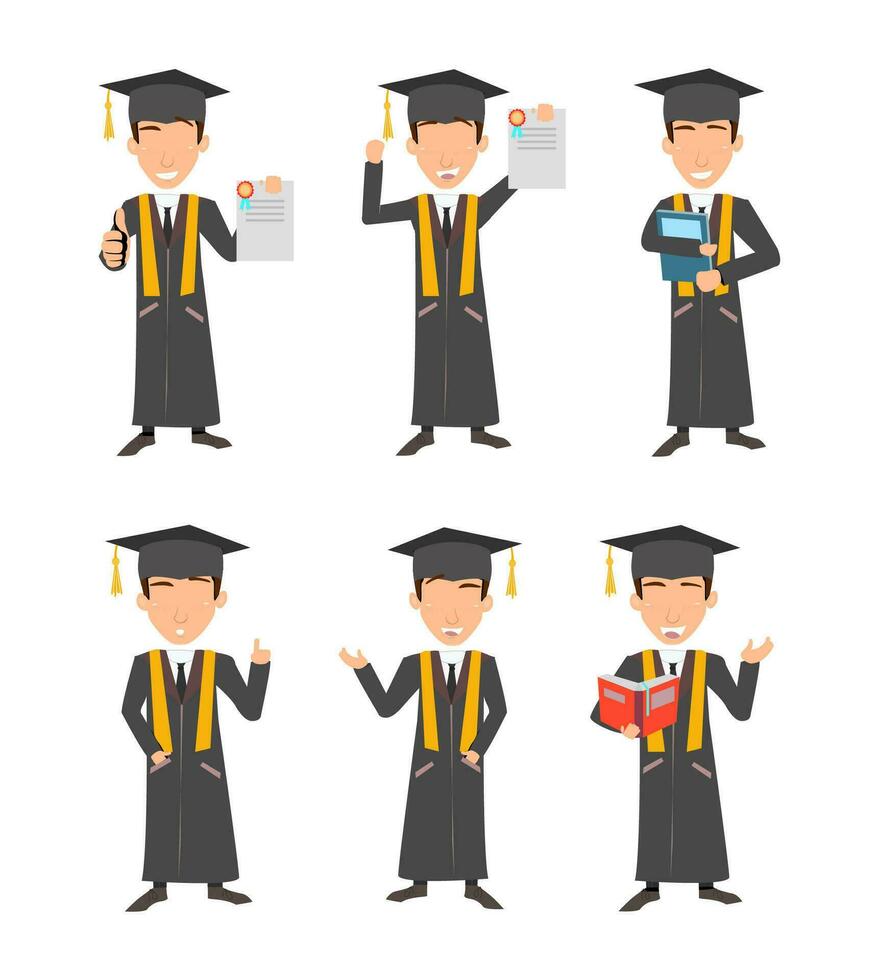 educativo elevación - dibujos animados ilustraciones exhibiendo un graduado hombre en variado posa, calificación el culminación de académico éxito vector