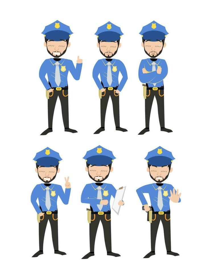 vibrante guardianes - ilustraciones de policías en diverso poses con azul uniformes vector