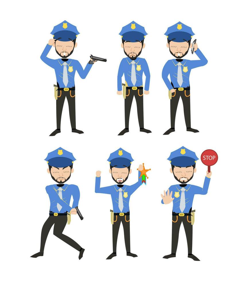 dinámica ejecutores - dibujos animados vector representaciones exhibiendo policías en un espectro de azul uniforme poses