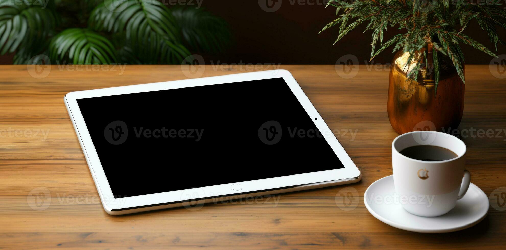 AI generated Digital tablet screen mock up with coffee photo