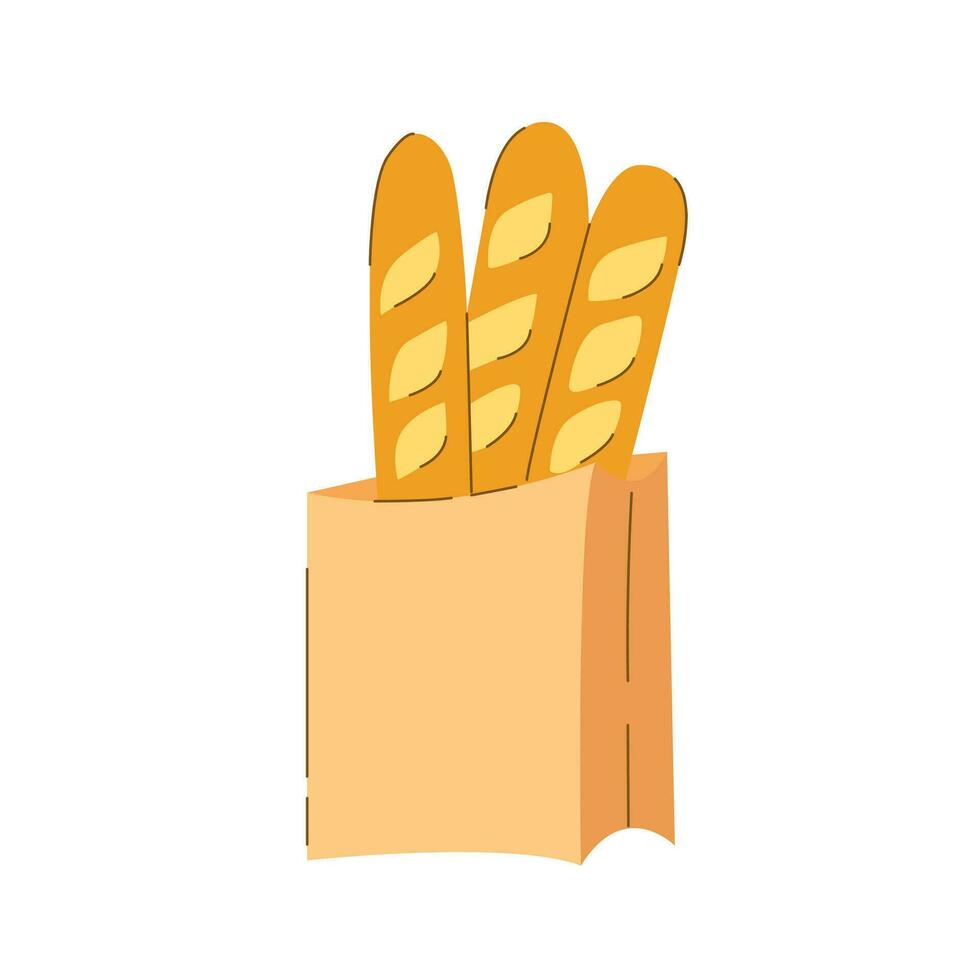 Fresh baked goods french baguettes in a craftpaper bag on an isolated white background in flat style. Food and bakery products. Carbohydrates. White bread. Vector illustration.